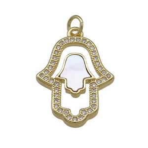 Copper Hamsahand Pendant Pave Shell Zircon 18K Gold Plated, approx 16-21mm