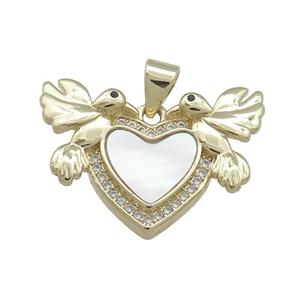 Copper Heart Pendant Pave Shell Zircon Double Birds 18K Gold Plated, approx 16-23mm