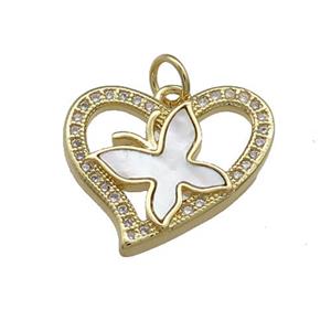Copper Heart Butterfly Pendant Pave Shell Zircon 18K Gold Plated, approx 18-20mm