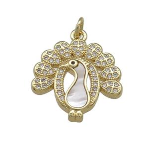 Copper Peacock Charms Pendant Pave Shell Zircon 18K Gold Plated, approx 20mm