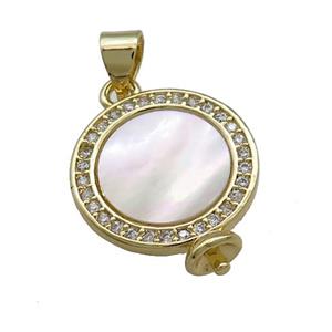 Copper Circle Sun Pendant Pave Shell Zircon Bail 18K Gold Plated, approx 16mm