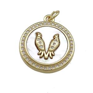 Copper Circle Pendant Pave Shell Zircon Double Birds 18K Gold Plated, approx 18mm