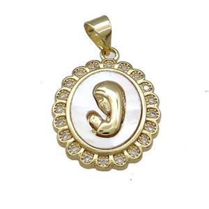 Virgin Mary Charms Copper Pendant Pave Shell Zircon Religious 18K Gold Plated, approx 17-20mm