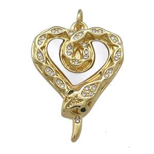 Copper Snake Charms Pendant Pave Shell Zircon Heart 18K Gold Plated, approx 19-25mm