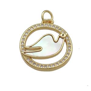 Copper Doves Birds Pendant Pave Shell Zircon Circle 18K Gold Plated, approx 18mm