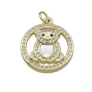 Copper Bear Pendant Pave Shell Zircon Circle 18K Gold Plated, approx 18mm