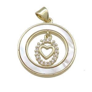 Copper Heart Pendant Pave Shell Zircon Circle 18K Gold Plated, approx 8-10mm, 21mm