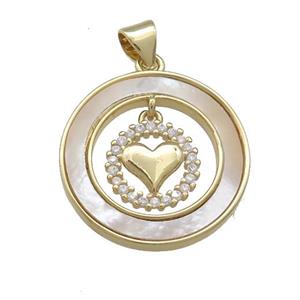 Copper Heart Pendant Pave Shell Zircon Circle 18K Gold Plated, approx 8mm, 21mm