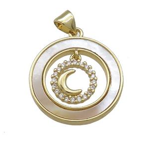 Copper Moon Pendant Pave Shell Zircon Circle 18K Gold Plated, approx 8mm, 21mm