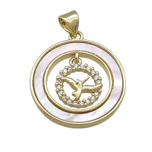 Copper Birds Pendant Pave Shell Zircon Circle 18K Gold Plated, approx 8mm, 21mm