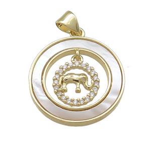 Copper Elephant Pendant Pave Shell Zircon Circle 18K Gold Plated, approx 8mm, 21mm