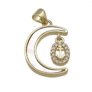Copper Moon Pendant Pave Shell Zircon Cross 18K Gold Plated, approx 6-8mm, 14-18mm