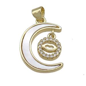 Copper Moon Pendant Pave Shell Zircon Lips 18K Gold Plated, approx 8mm, 14-18mm