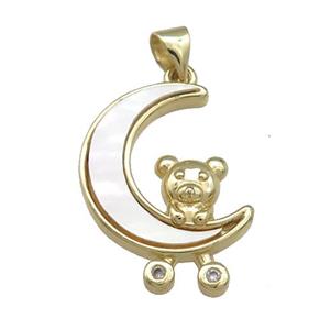 Copper Moon Pendant Pave Shell Zircon Bear 18K Gold Plated, approx 15-18mm