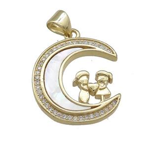 Copper Moon Pendant Pave Shell Zircon Kids 18K Gold Plated, approx 18-20mm