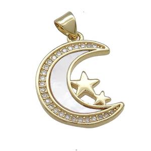 Copper Moon Pendant Pave Shell Zircon Star 18K Gold Plated, approx 18-20mm