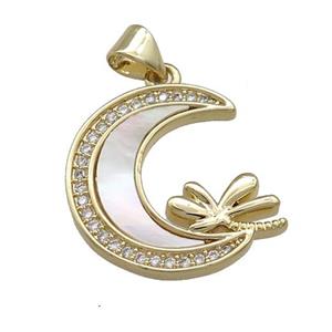 Copper Moon Pendant Pave Shell Zircon Dragonfly 18K Gold Plated, approx 18-20mm