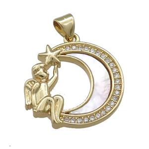Copper Moon Pendant Pave Shell Zircon Angel 18K Gold Plated, approx 20-22mm