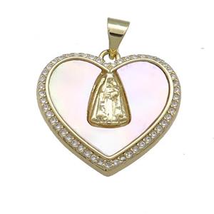 Copper Heart Pendant Pave Shell Zircon 18K Gold Plated, approx 22mm