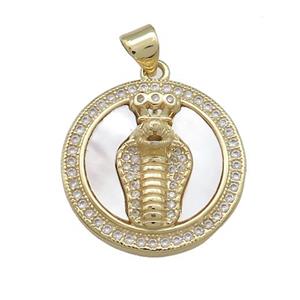 Cobra Snake Charms Copper Circle Pendant Pave Shell Zircon 18K Gold Plated, approx 21mm