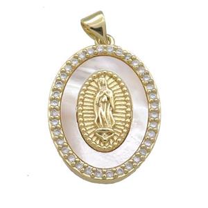 Jesus Charms Copper Oval Pendant Pave Shell Zircon Religious 18K Gold Plated, approx 19-25mm