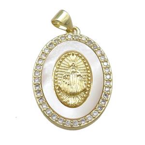 Virgin Mary Copper Oval Pendant Pave Shell Zircon Religious 18K Gold Plated, approx 19-25mm