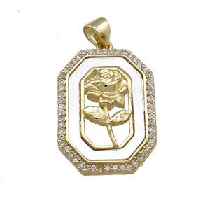 Flower Copper Rectangle Pendant Pave Shell Zircon 18K Gold Plated, approx 16-23mm