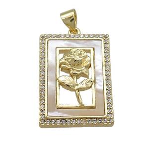 Flower Copper Rectangle Pendant Pave Shell Zircon 18K Gold Plated, approx 16-23mm