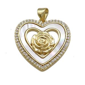 Copper Flower Heart Pendant Pave Shell Zircon 18K Gold Plated, approx 22mm