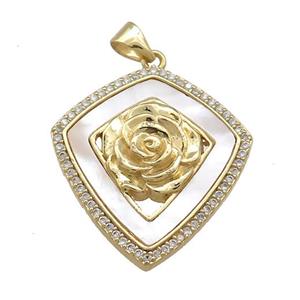 Copper Flower Shield Pendant Pave Shell Zircon 18K Gold Plated, approx 25-26mm