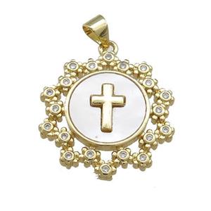 Copper Wreath Pendant Pave Shell Zircon Cross 18K Gold Plated, approx 22mm