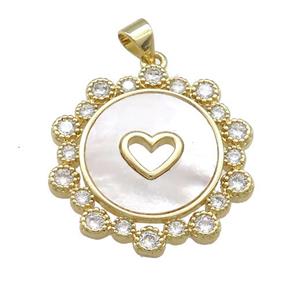 Copper Wreath Pendant Pave Shell Zircon Heart 18K Gold Plated, approx 26mm