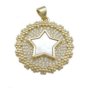 Copper Wreath Pendant Pave Shell Zircon Star 18K Gold Plated, approx 24mm