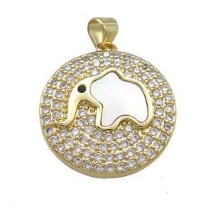 Copper Elephant Pendant Pave Shell Zircon Circle 18K Gold Plated, approx 22mm