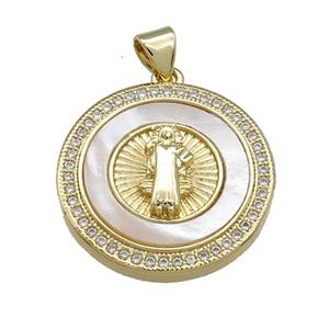 Jesus Charms Copper Circle Pendant Pave Shell Zircon Circle 18K Gold Plated, approx 22mm