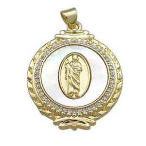 Jesus Charms Copper Circle Pendant Pave Shell Zircon Circle 18K Gold Plated, approx 25mm