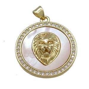 Lion Charms Copper Circle Pendant Pave Shell Zircon Circle 18K Gold Plated, approx 25mm
