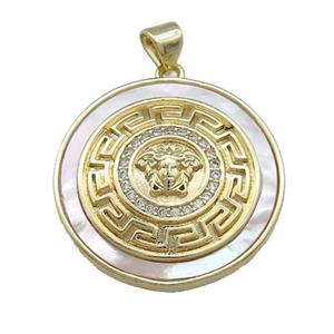 Lion Charms Copper Circle Pendant Pave Shell Zircon Circle 18K Gold Plated, approx 26mm