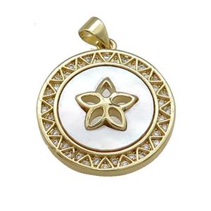 Copper Circle Pendant Pave Shell Zircon Flower 18K Gold Plated, approx 24mm