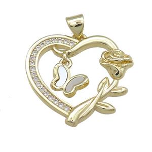 Copper Heart Pendant Pave Shell Zircon Butterfly 18K Gold Plated, approx 23mm