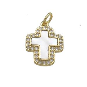 Copper Cross Pendant Pave Shell Zircon 18K Gold Plated, approx 13-14mm