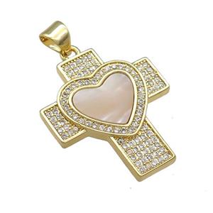 Copper Cross Pendant Pave Shell Zircon Heart 18K Gold Plated, approx 21-25mm
