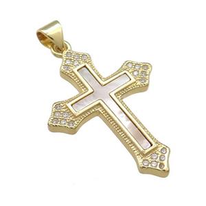 Copper Cross Pendant Pave Shell Zircon Religious 18K Gold Plated, approx 21-30mm