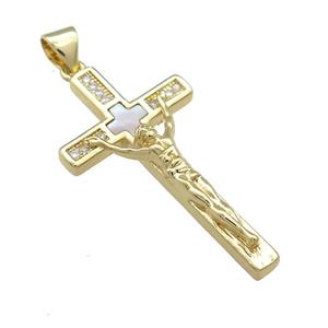 Copper Jesus Cross Pendant Pave Shell Zircon Religious 18K Gold Plated, approx 18-33mm