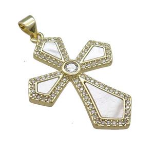 Copper Cross Pendant Pave Shell Zircon 18K Gold Plated, approx 25-33mm