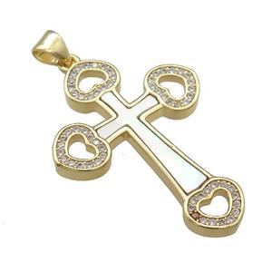 Copper Cross Pendant Pave Shell Zircon 18K Gold Plated, approx 25-35mm