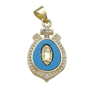 Virgin Mary Charms Copper Pendant Pave Blue Shell Zircon 18K Gold Plated, approx 13-20mm