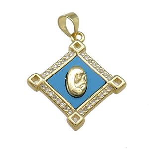Virgin Mary CHarms Copper Square Pendant Pave Blue Shell Zircon 18K Gold Plated, approx 21mm