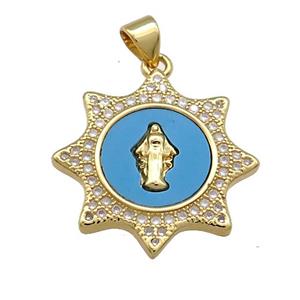 Jesus Charms Copper Pendant Pave Blue Shell Zircon 18K Gold Plated, approx 21mm