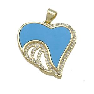 Copper Heart Pendant Pave Blue Shell Zircon 18K Gold Plated, approx 22mm